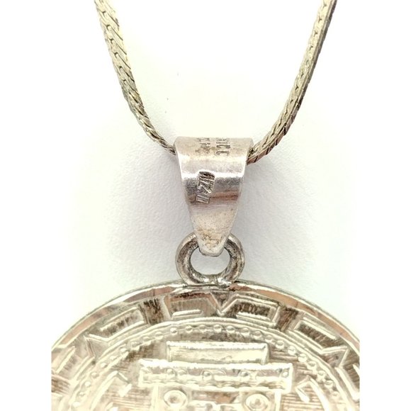 Sterling Silver Aztec Deity Round Pendant Necklace MEXICO STAMPED 17.5" - Picture 6 of 11